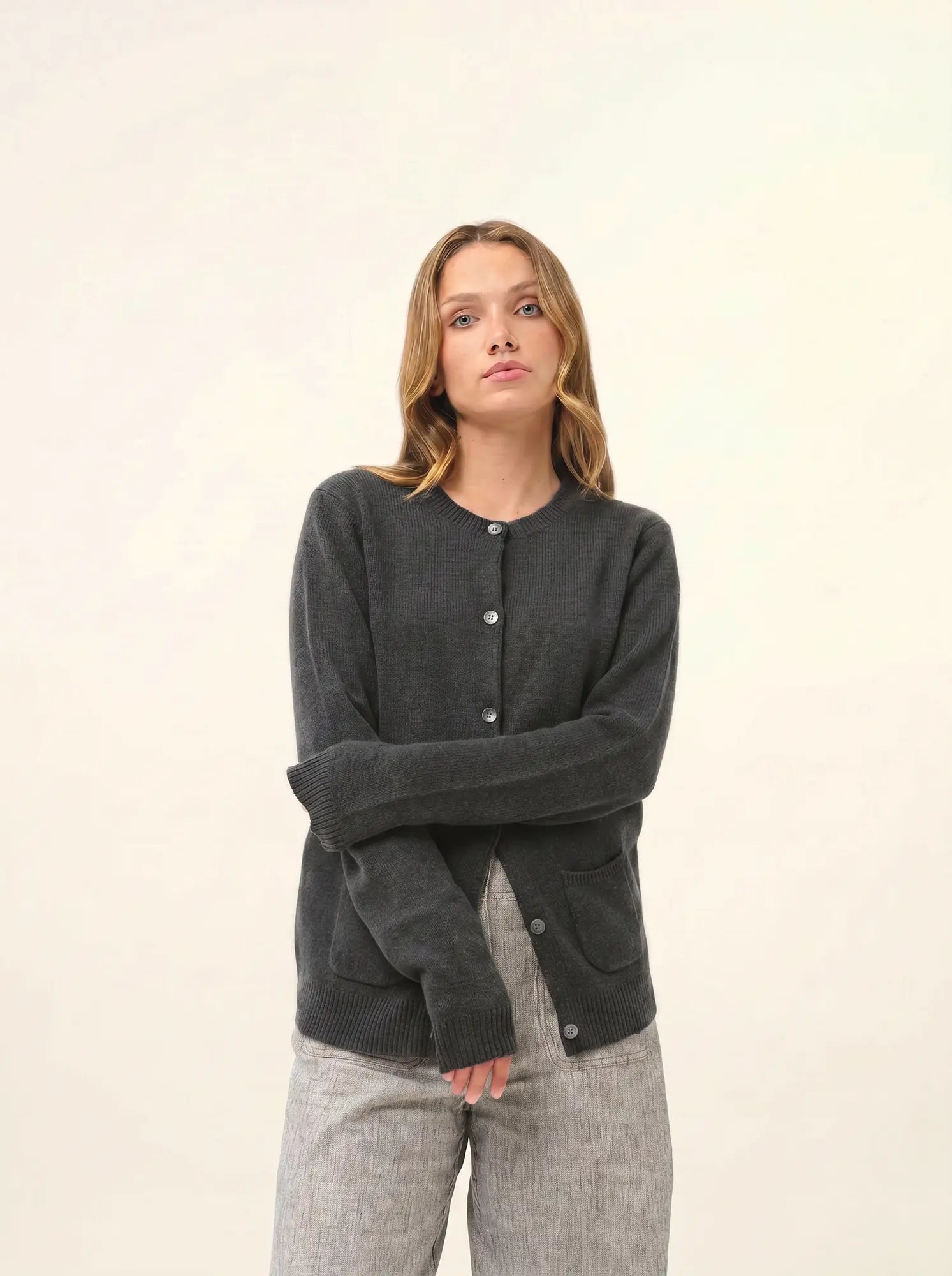ROSE Cardigan Col Rond 4 Fils Anthracite Chiné