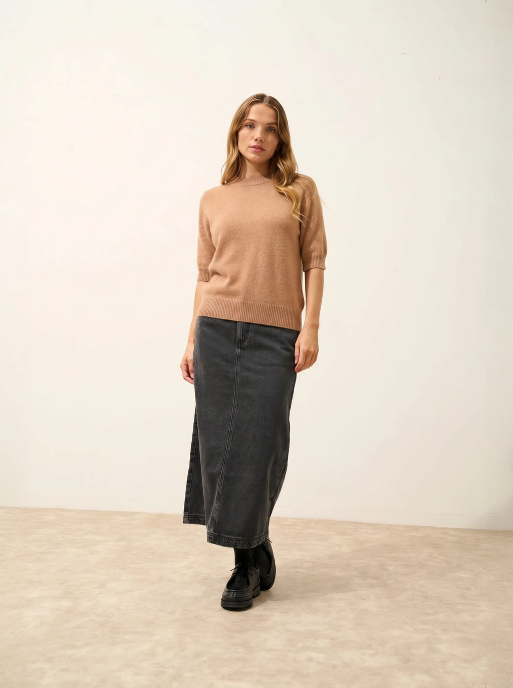 ÉRINA T-Shirt Col Bateau Chauve Souris 4 Fils Camel Chiné
