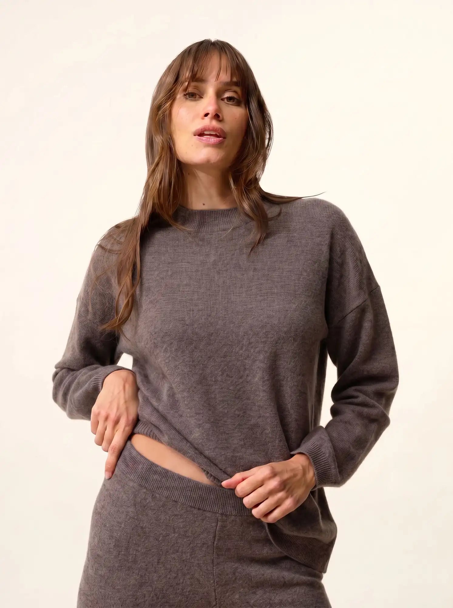 KAYLA Pull Col Rond Taupe Chiné