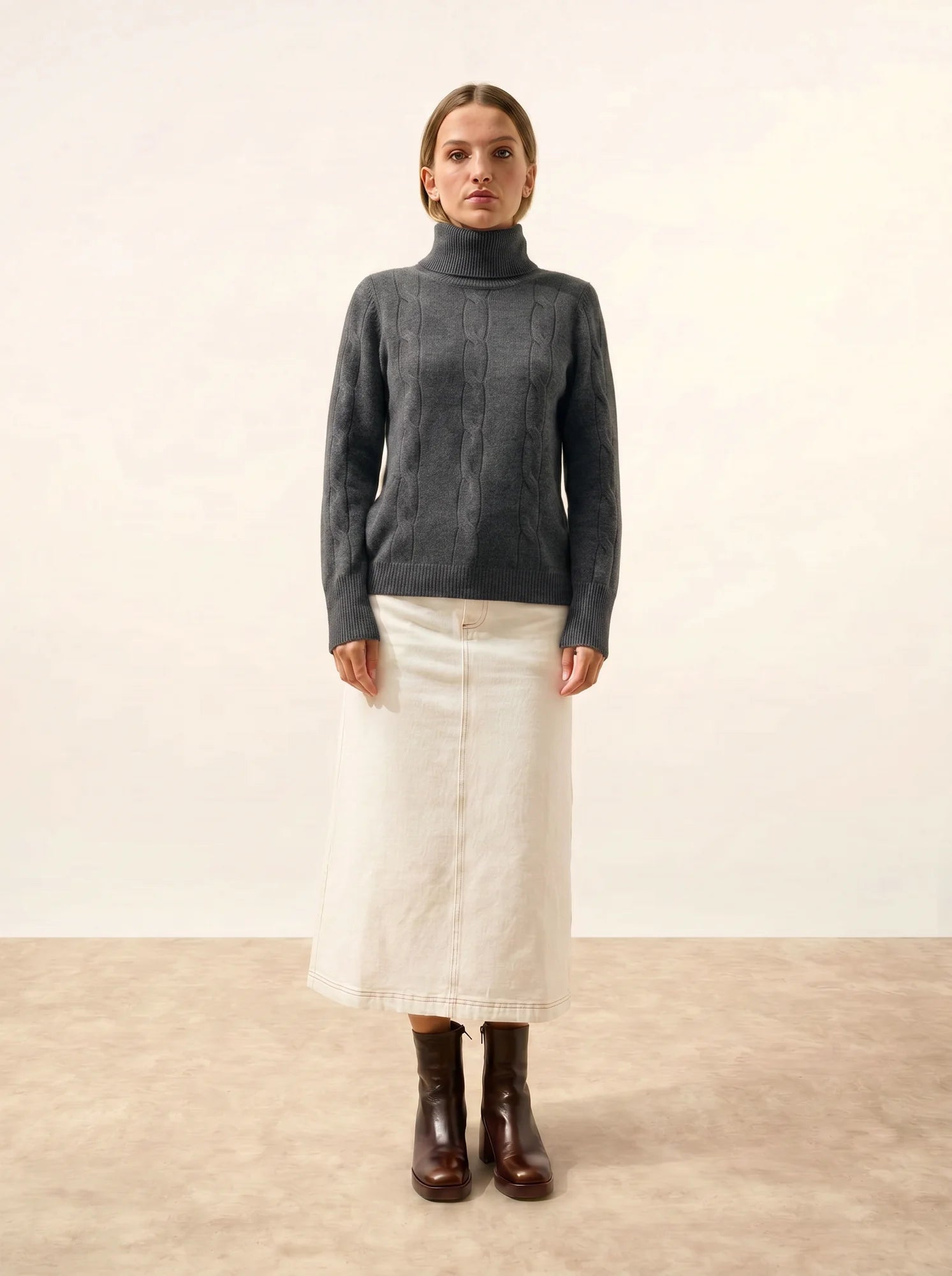 ESTELLE Pull Col Roulé 4 Fils Anthracite Chiné